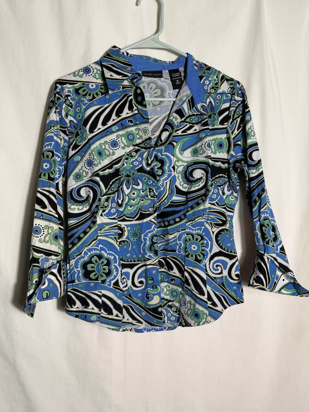 New York & Company Stretch Paisley Button Front Blouse Blue Green Women's Medium